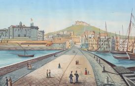 A framed and glazed watercolour on paper, 19th century style port with figures; The Bay of Naples.