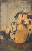 Oil on panel, 19th century Continental school, townscape, signed R Alonso. H.41 W.32cm.