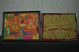 Two Central American Mola textile panels, framed and glazed. H.36 W.47cm. (largest).
