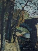Oil on canvas, mid century, Les Berges de la Seine, signed Pilou, inscribed to the reverse. H.49cm x
