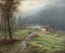 Oil on canvas, alpine landscape with sheep, signed A Torreshechandi. H.53 x W.60cm.