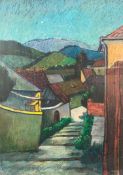 A mid century framed and glazed pastel; village scene, indistinctly signed. H.73 W.53cm.