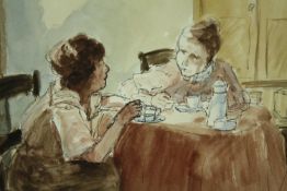A framed and glazed watercolour, figures in conversation at a table, monogrammed, framed and glazed.