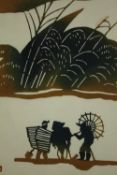 A framed and glazed Chinese woodblock print, figures on a remote island beach. H.46 W.36cm.