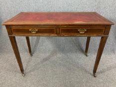 Writing table, Edwardian mahogany and satinwood inlaid with inset leather top. H.79 W.107 D.50cm