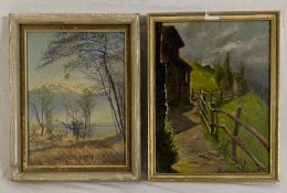 Two oil paintings on board, rural landscapes, signed. H42cm x W.33cm