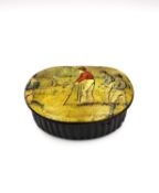 A papier mache Georgian kidney shaped snuffbox depicting a cricket match. L.6.7cm W.4.6cm H.2.6cm