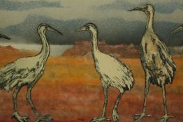 Collage on print, cranes in a landscape, framed and glazed. H.41 W.92cm.