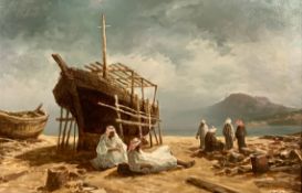 Oil on canvas, Arab figures by the shore with boats, indistinctly signed. H.66 W.97cm