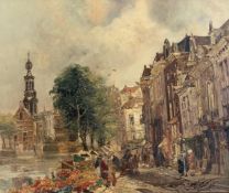 Oil on board, European flower market by a river in a town street, indistinctly signed. H.61cm x W.