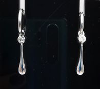 A pair of 9k white gold and lab diamond drop earrings with hallmarks. 3cm drop, 3.23g gross
