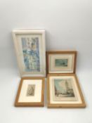 Four artworks to include a signed and limited edition etching in colours titled 'Cockle Boats' by