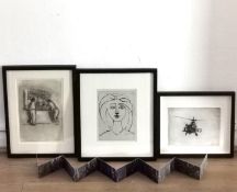 Three framed and glazed artworks to include a signed etching titled 'Chopper 3' by Tamsin Relly, a