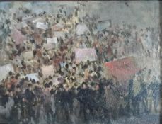 Charles Horwood (1907-1975), a signed oil on board of a marching crowd with banners, in a painted