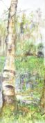 A framed and glazed acrylic study of a pond in woodland, signed Leigh D Walker with label to