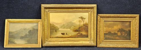 A collection of three 19th century gilt framed oil paintings, rural landscapes. Largest is H.28 W.