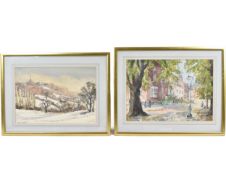 Two framed and glazed watercolours, signed Monica Barry. H.35 W.46 (landscape) H.37 W.46.5cm (street