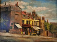 A signed and dated oil on board titled 'Old Buildings Top of Heath Street Hampstead' 1935, by E.