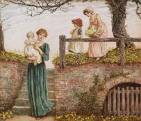 Kate Greenaway (British, 1846-1901), a watercolour on paper titled 'The Old Steps', signed, in a