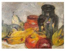 Alfred Wolmark (1877-1961), oil on canvas, still life with fruit and vases, signed with gallery
