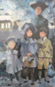 An acrylic painting on paper of an early 20th century woman and children at a train station. H.48