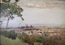 George Carline (1855-1920), an oil cityscape on board titled 'A View of London from Hampstead Heath'