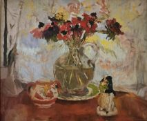 Daphne Charlton (1909-1991), a signed oil on canvas, still life flowers in a jug with a vase and