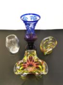 Five pieces of decorative glass to include a 1930's carved 'Cameo Fleur' vase by Thomas Webb (