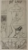Carel Weight (1908-1997), a signed ink and wash drawing on paper, circus scene titled 'Fat Lady'.
