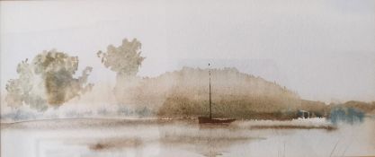 A 1970's watercolour on paper titled 'Riverside with Boat' by Spencer. Framed and glazed with a note