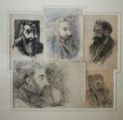 Attributed to James Brown (1863-1943), a collection of five pencil, ink and watercolour portraits of