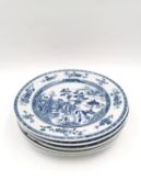 A set of five 19th century Chinese blue and white landscape pattern porcelain plates with trees,