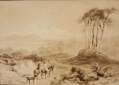 A sepia wash painting of two figures riding donkeys with a dog on a continental landscape, in a