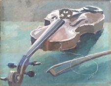 Donald Towner (1903-1985), a signed and dated oil on card, a still life violin and bow with a broken