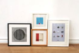 Four art prints to include a monochrome op-art print after Victor Vasarely, and indistinctly