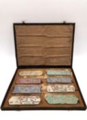 A Chinese calligraphy stone ink block set circa 1900, intricately carved in relief, hand painted,