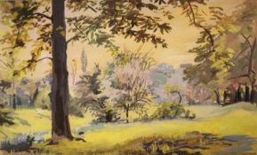 A watercolour and charcoal painting on paper depicting a woodland landscape, in a conservation grade