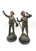 After Eutrope Bouret (1833-1906), a pair of French cold-painted bronzed-spelter sailor figures;