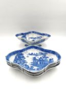 A set of four 19th century blue and white transferware quatrefoil dishes and one footed dish,
