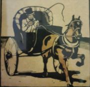 William Nicholson (1872-1949), a colour woodcut of a 19th century man, horse, and carriage dated