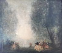 A signed Impressionist style oil on canvas, figures dancing at dusk on a veranda overlooking a grand