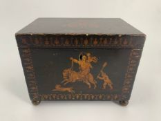 An early 19th century hand decorated and lacquered caddy on repousse brass feet.16 W.20 D.13cm