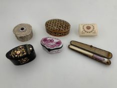 A collection of 19th century and later dressing table boxes along with a cased 19th century German