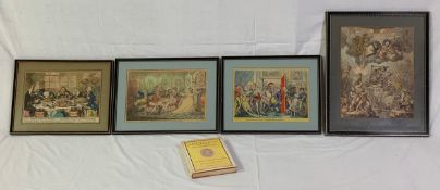 Four 19th century framed and glazed James Gillray hand coloured etchings along with a James Gillray