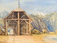 A late 19th century framed and glazed watercolour, The Covered Bridge, Martigny, indistinctly signed