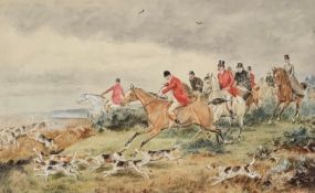 A framed and glazed watercolour; fox hunting scene. H.58 W.78cm