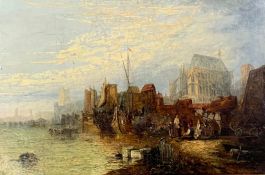 Oil on canvas, 19th century Continental school, boats and figures in a port setting, relined and