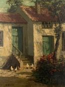 Oil on canvas, Continental farmhouse and courtyard, signed E Menten, framed. H.64 W.53cm