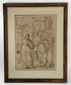A pen and ink drawing in the Renaissance style, possibly John the Baptist, framed and glazed. H.41