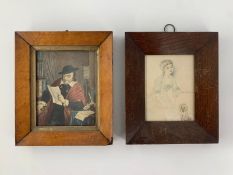 A 19th century pencil drawing, lady and dog along with a 19th century print, both framed and glazed.